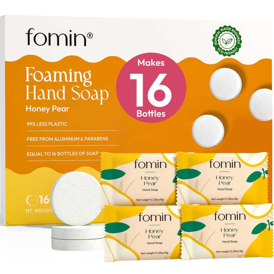 FOMIN front packaging showing 16-pack and honey pear scent, highlights compact refill benefit