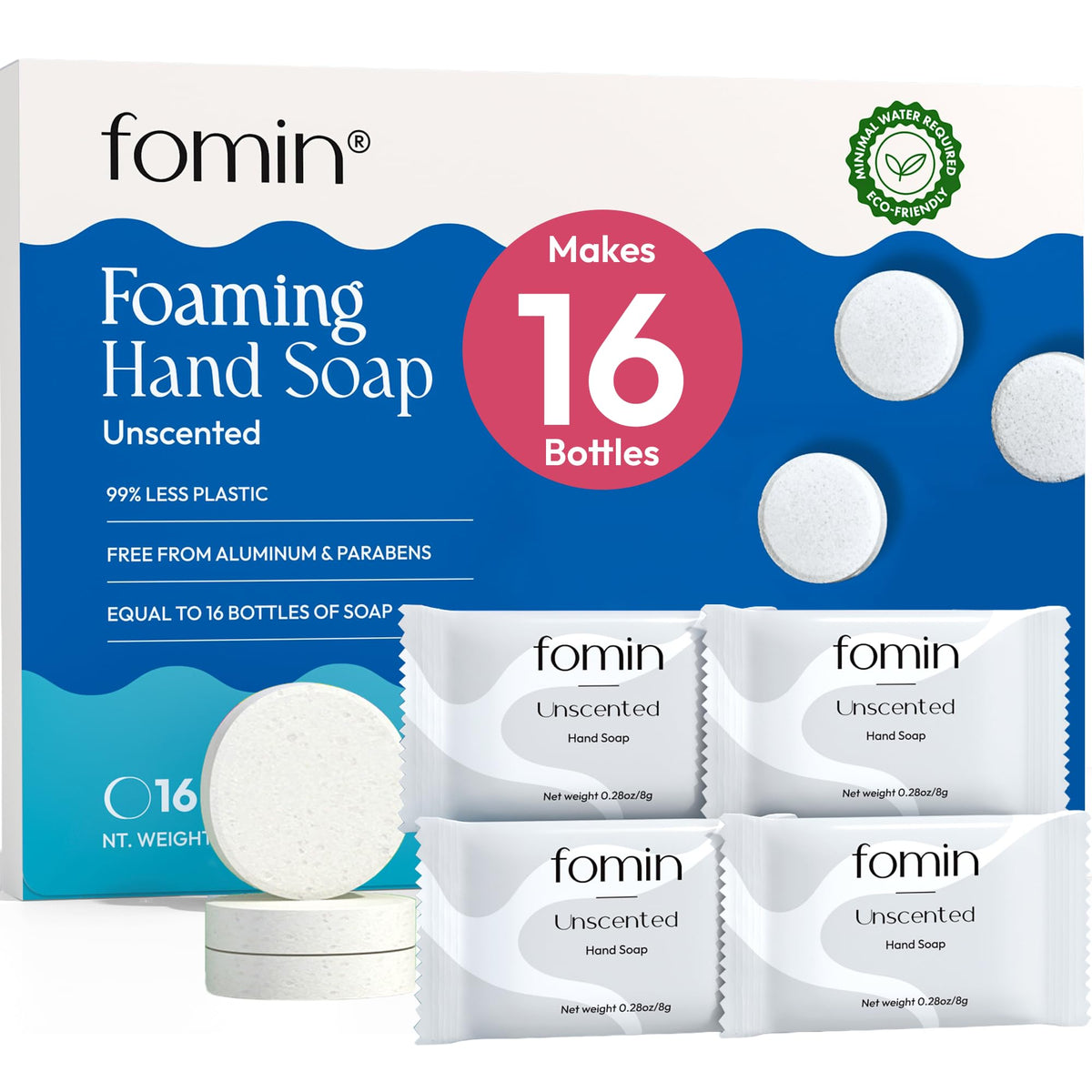 FOMIN front packaging showing 16-pack and refill count, eco-friendly benefit