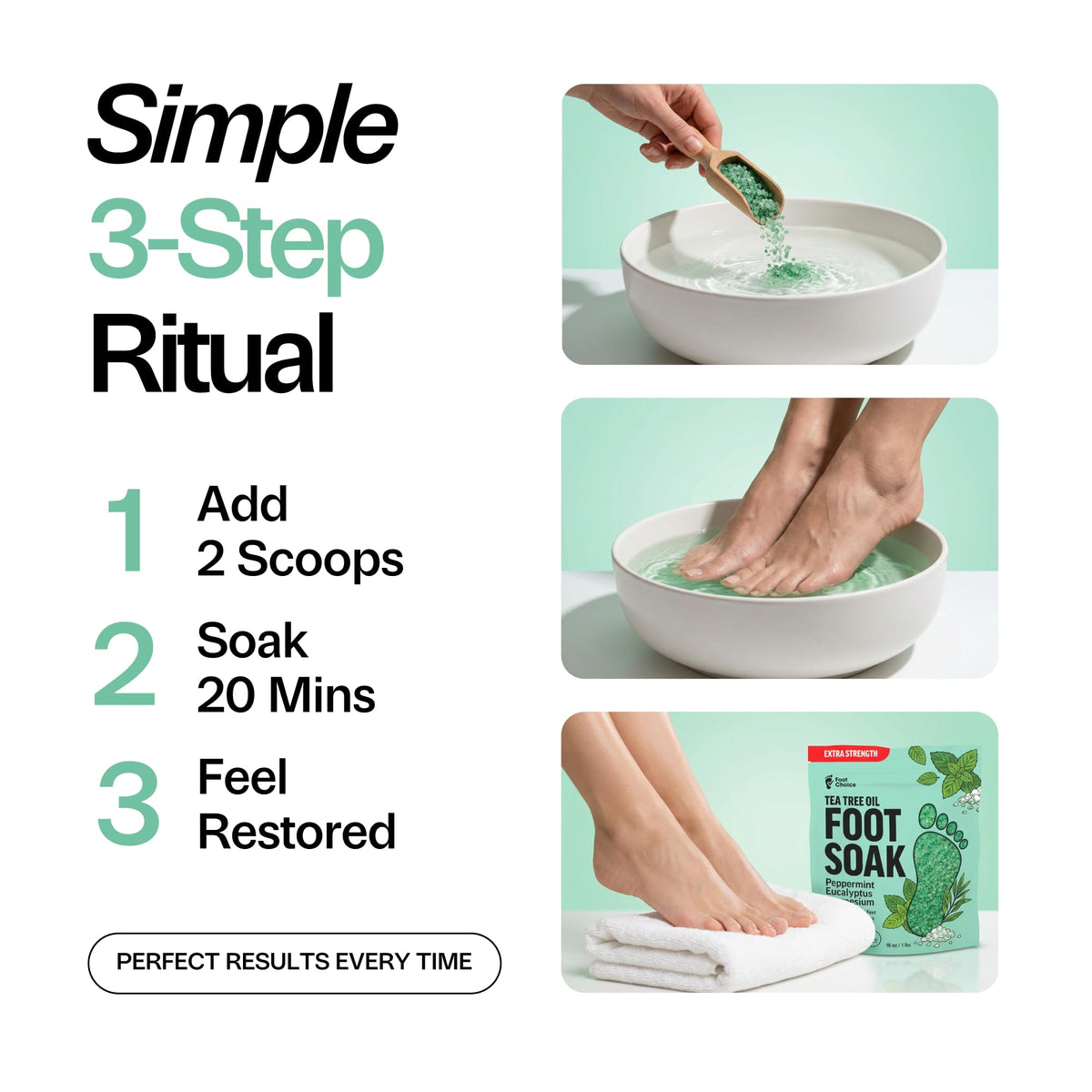 Foot Choice before-and-after feet after soak showing softened skin