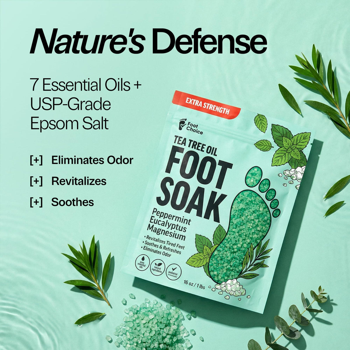 Foot Choice salt texture on hand showing fine grain for gentle exfoliation