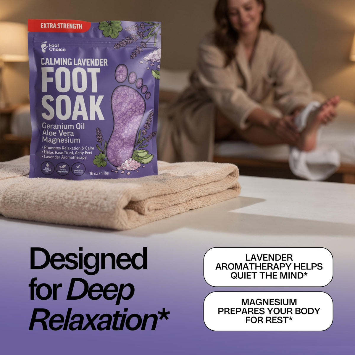 Foot Choice jar size compared to hand showing one-pound scale