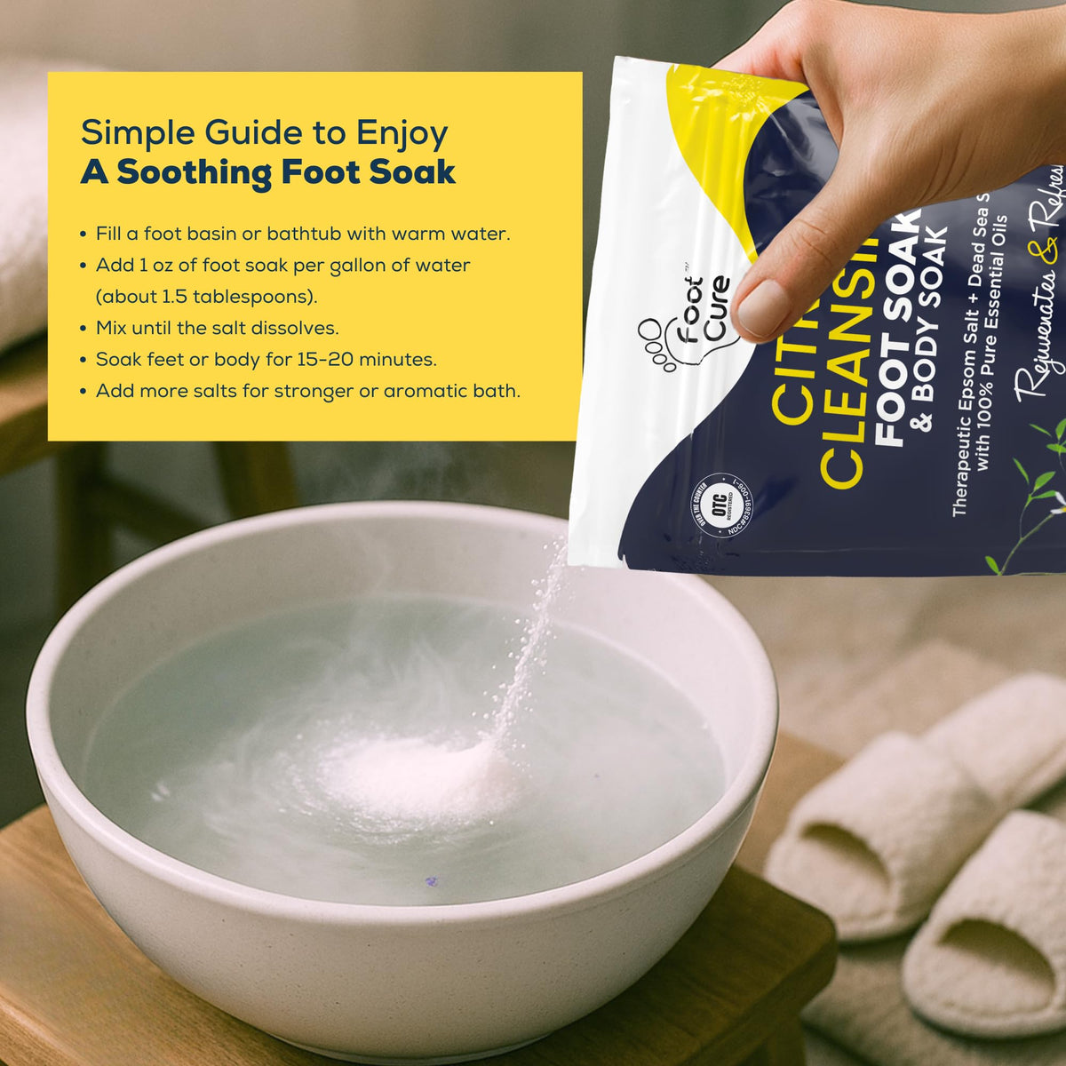 FOOT CURE lifestyle shot in bathroom promoting relaxation ritual