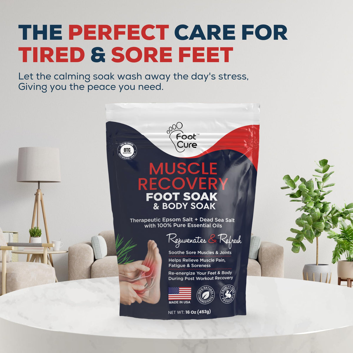 FOOT CURE essential oil bottle closeup showing tea tree focus