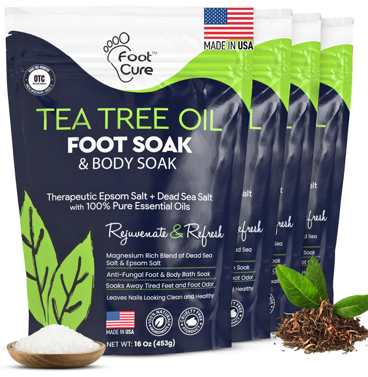 FOOT CURE front packaging showing tea tree soak and benefits