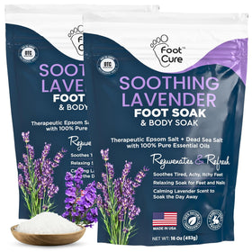 FOOT CURE front packaging showing two lavender foot soak packets and benefits