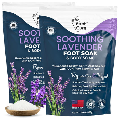 FOOT CURE front packaging showing two lavender foot soak packets and benefits