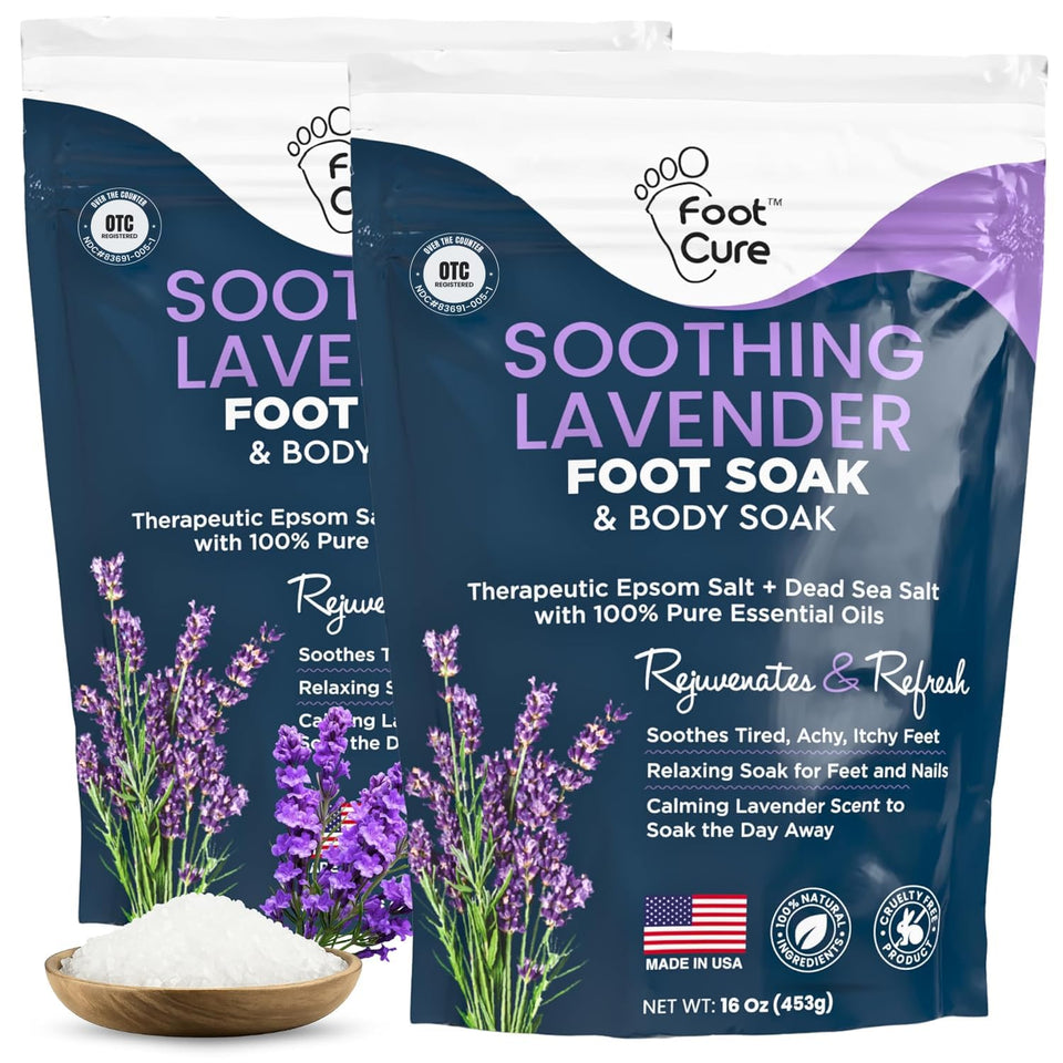 FOOT CURE front packaging showing two lavender foot soak packets and benefits