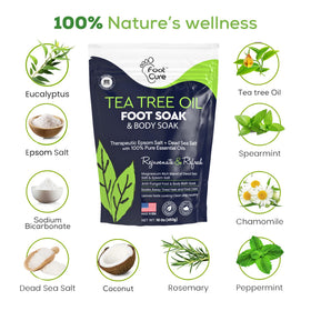 FOOT CURE ingredient label highlighting tea tree and Dead Sea salt benefits