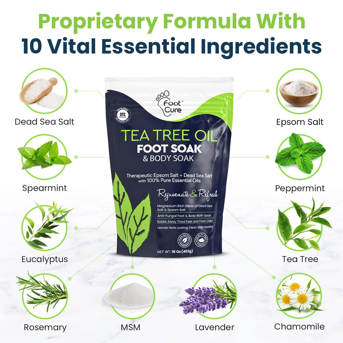 FOOT CURE essential oils and salts array indicating soothing ingredients