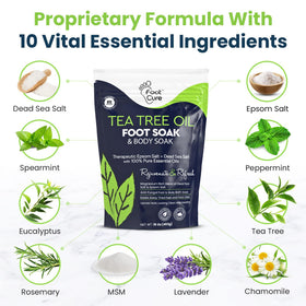 FOOT CURE essential oils and salts array indicating soothing ingredients