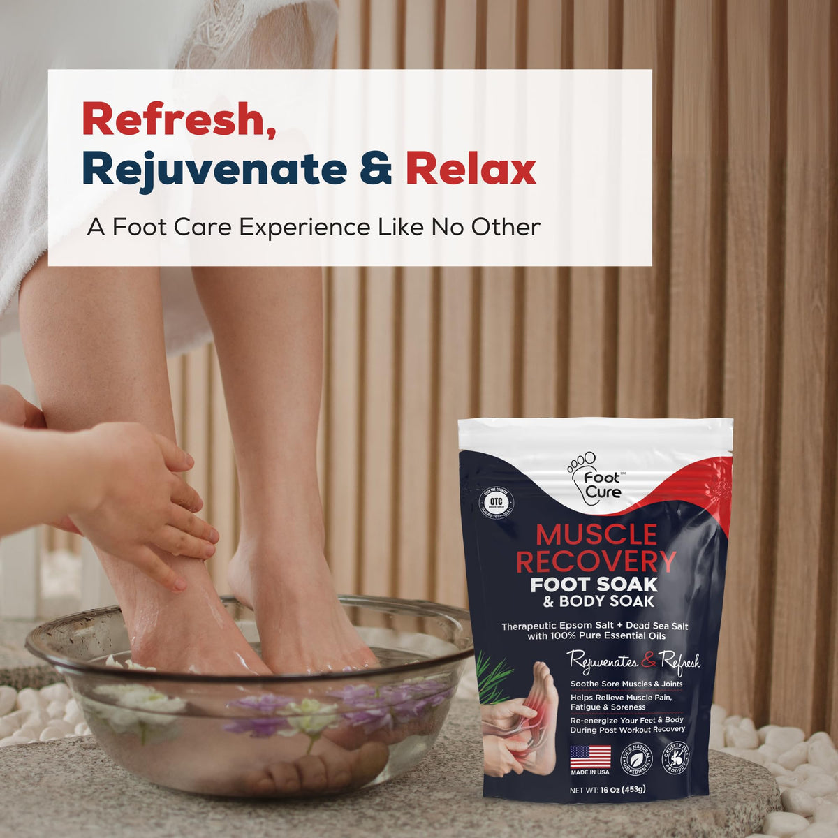 FOOT CURE ingredient label close-up listing natural salts and essential oils