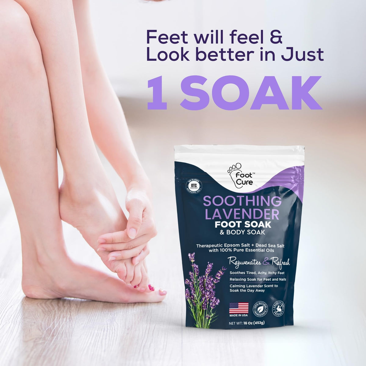 FOOT CURE lifestyle bathroom setting with towel for at-home spa feel