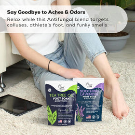 FOOT CURE lifestyle scene in bathroom creating relaxing spa vibe