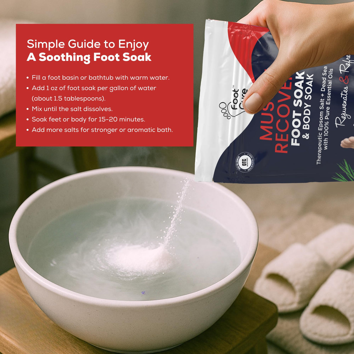 FOOT CURE spa-style lifestyle scene with candle and towel showing calming ritual benefit