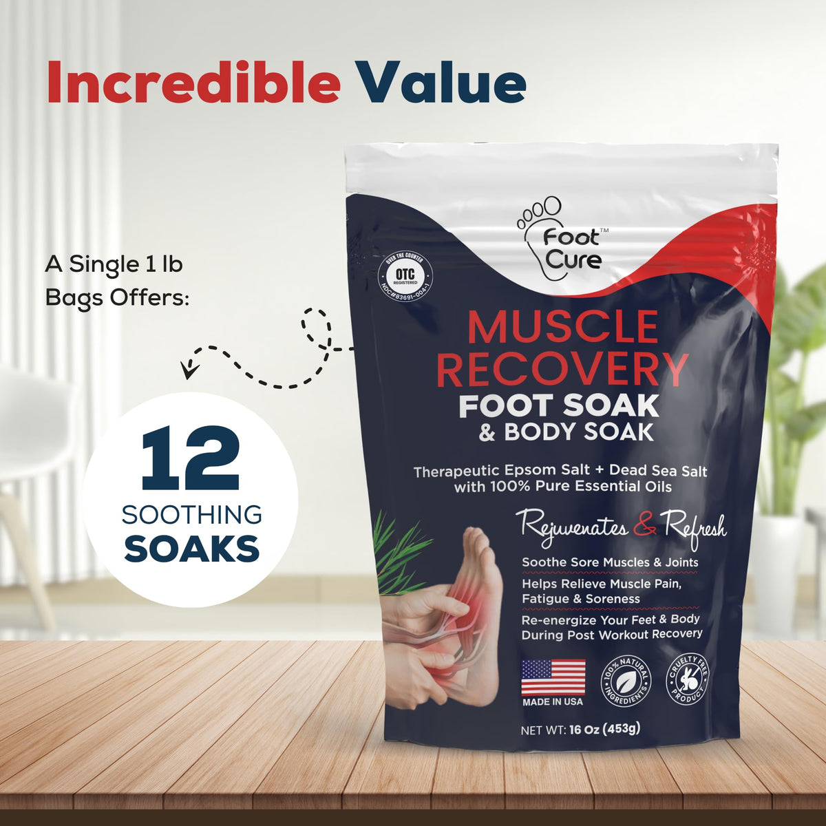 FOOT CURE pouring salts into foot basin illustrating easy at-home use benefit