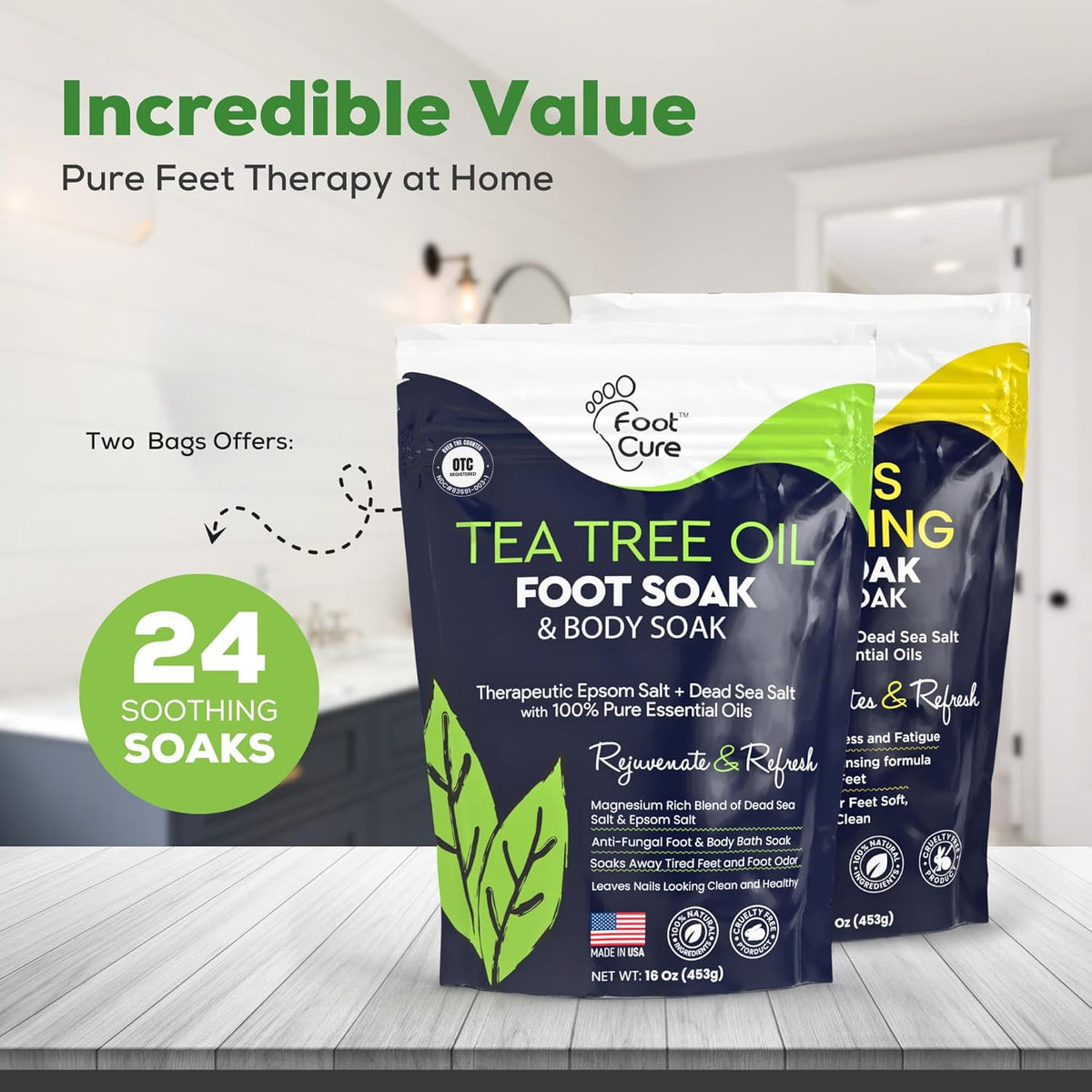 FOOT CURE soak dissolving in basin demonstrating easy at-home use