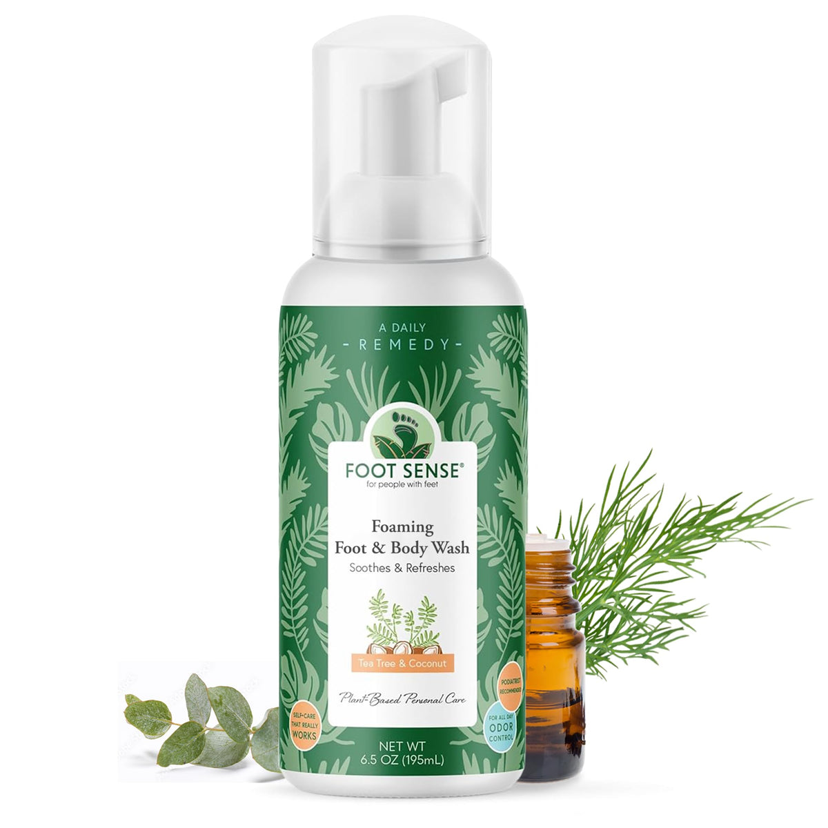 Foot Sense front packaging showing pump bottle and label, promotes clean feet