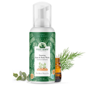 Foot Sense front packaging showing pump bottle and label, promotes clean feet