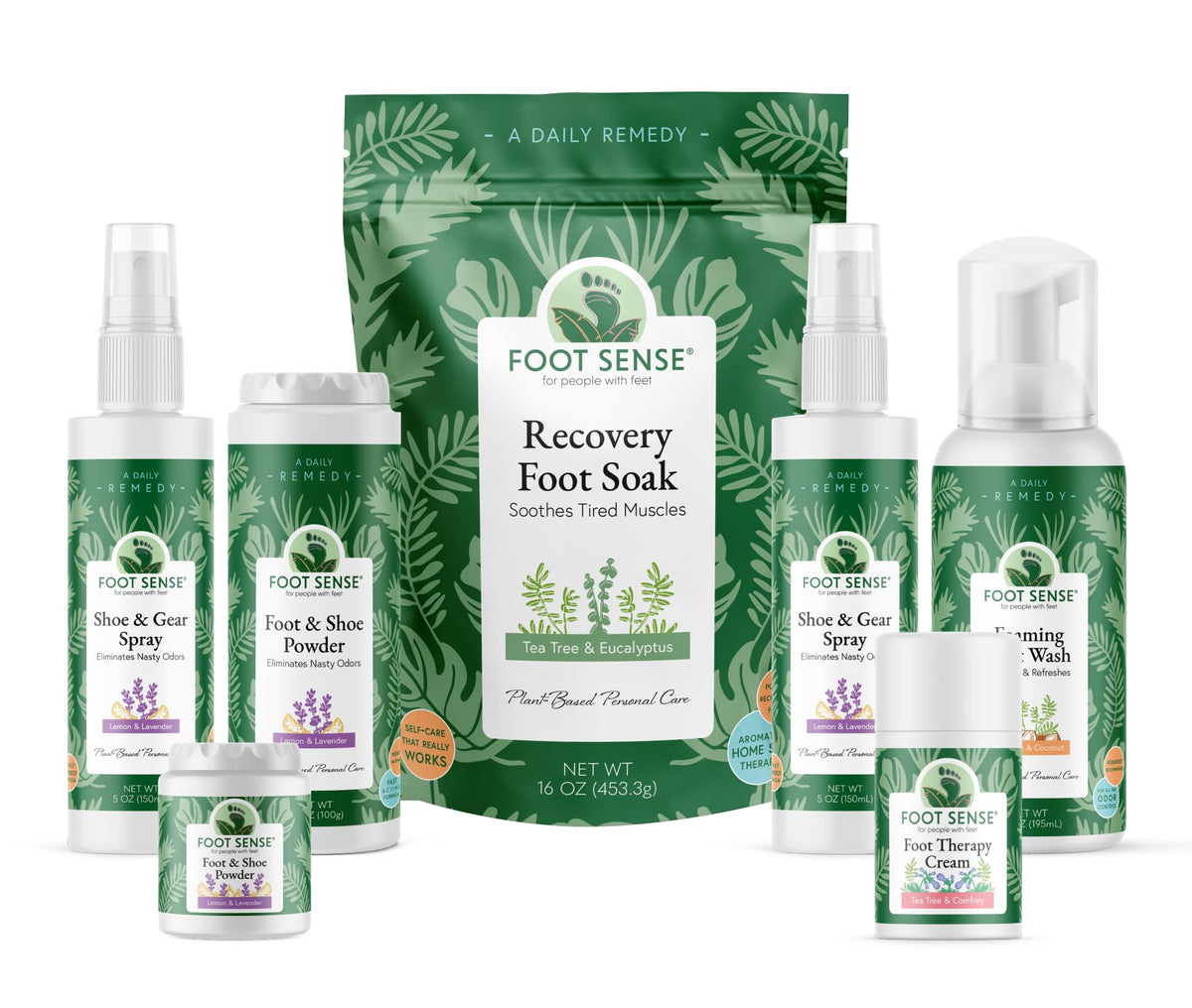 Foot Sense size comparison bottle next to hand, shows portable 6.5oz convenience