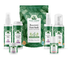 Foot Sense size comparison bottle next to hand, shows portable 6.5oz convenience