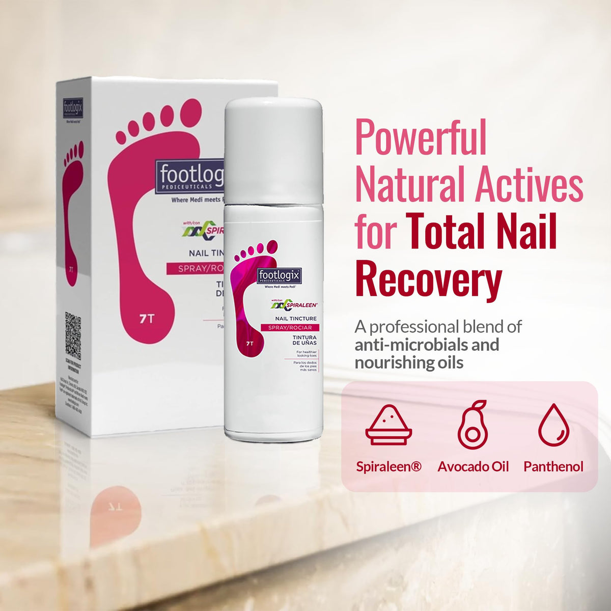 FOOTLOGIX bottle beside toenail care tools suggesting part of a grooming routine