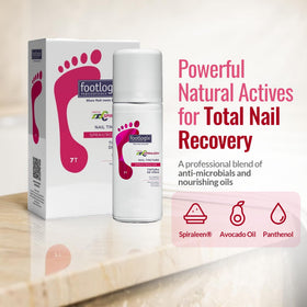 FOOTLOGIX bottle beside toenail care tools suggesting part of a grooming routine