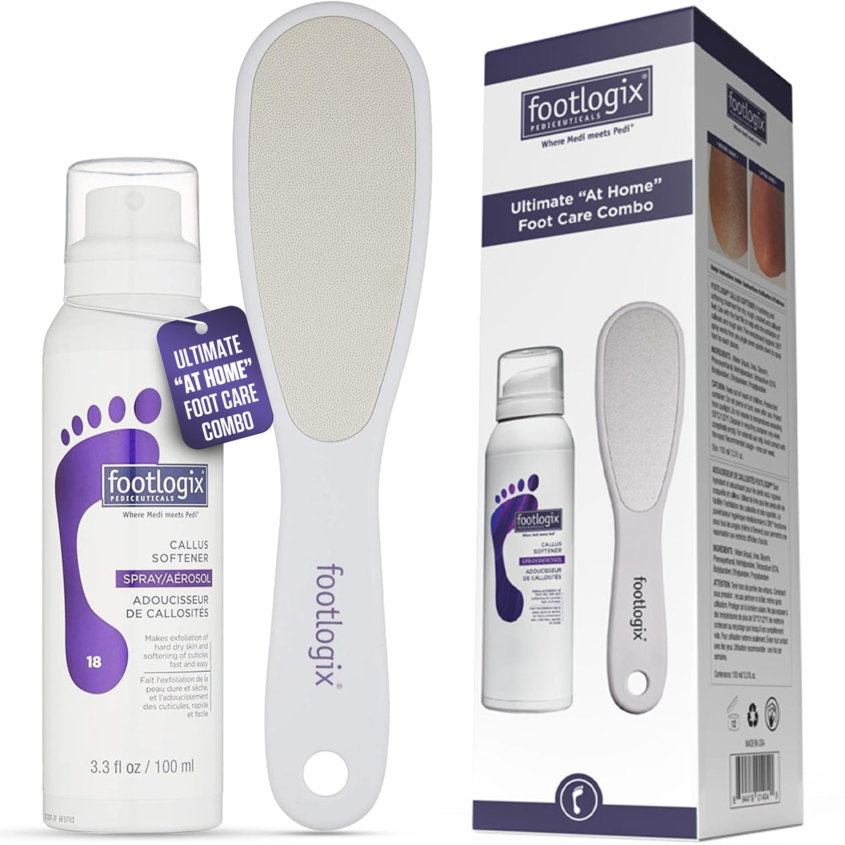 Footlogix front packaging showing callus softener combo for easy at-home use