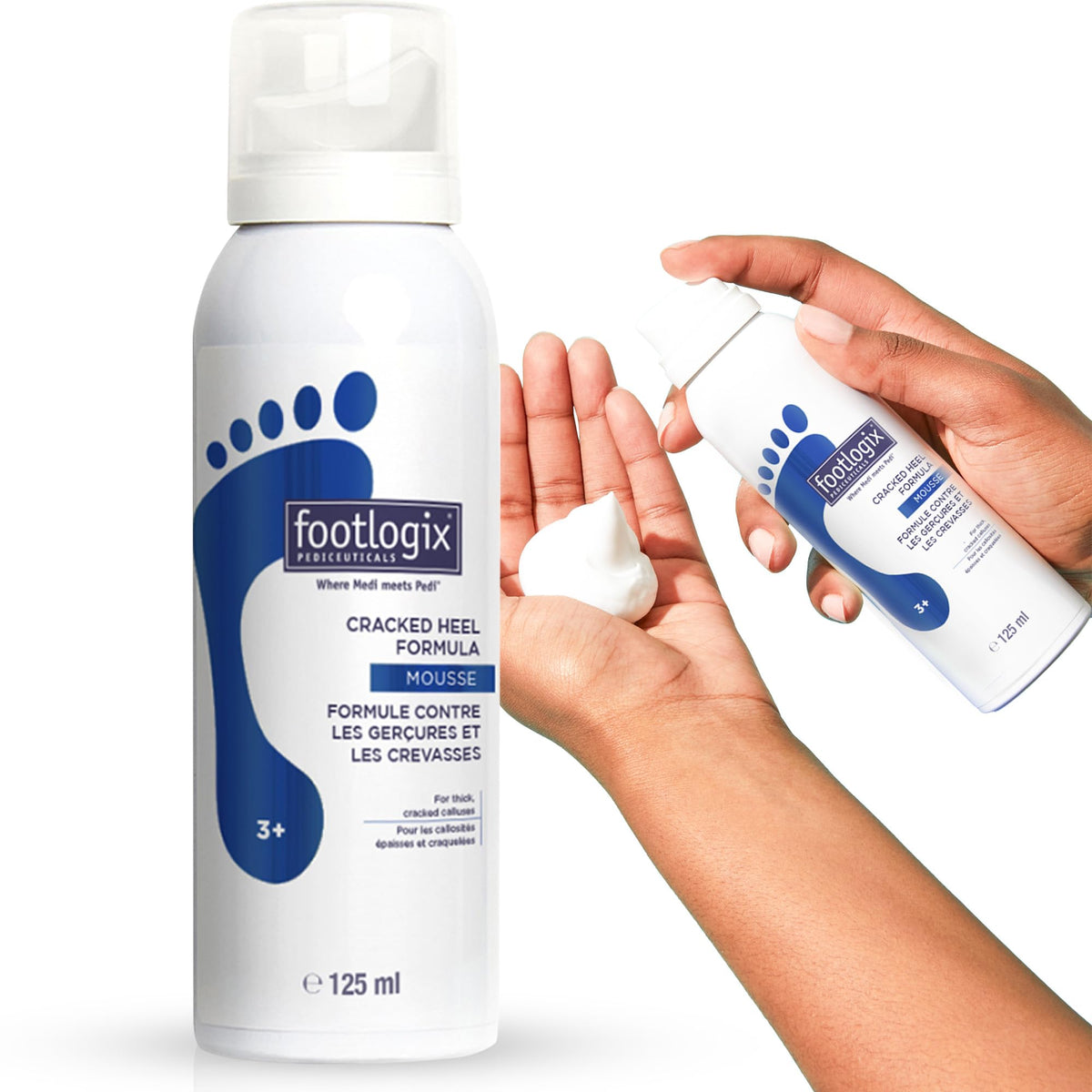 FOOTLOGIX front packaging showing cracked heel mousse and benefits
