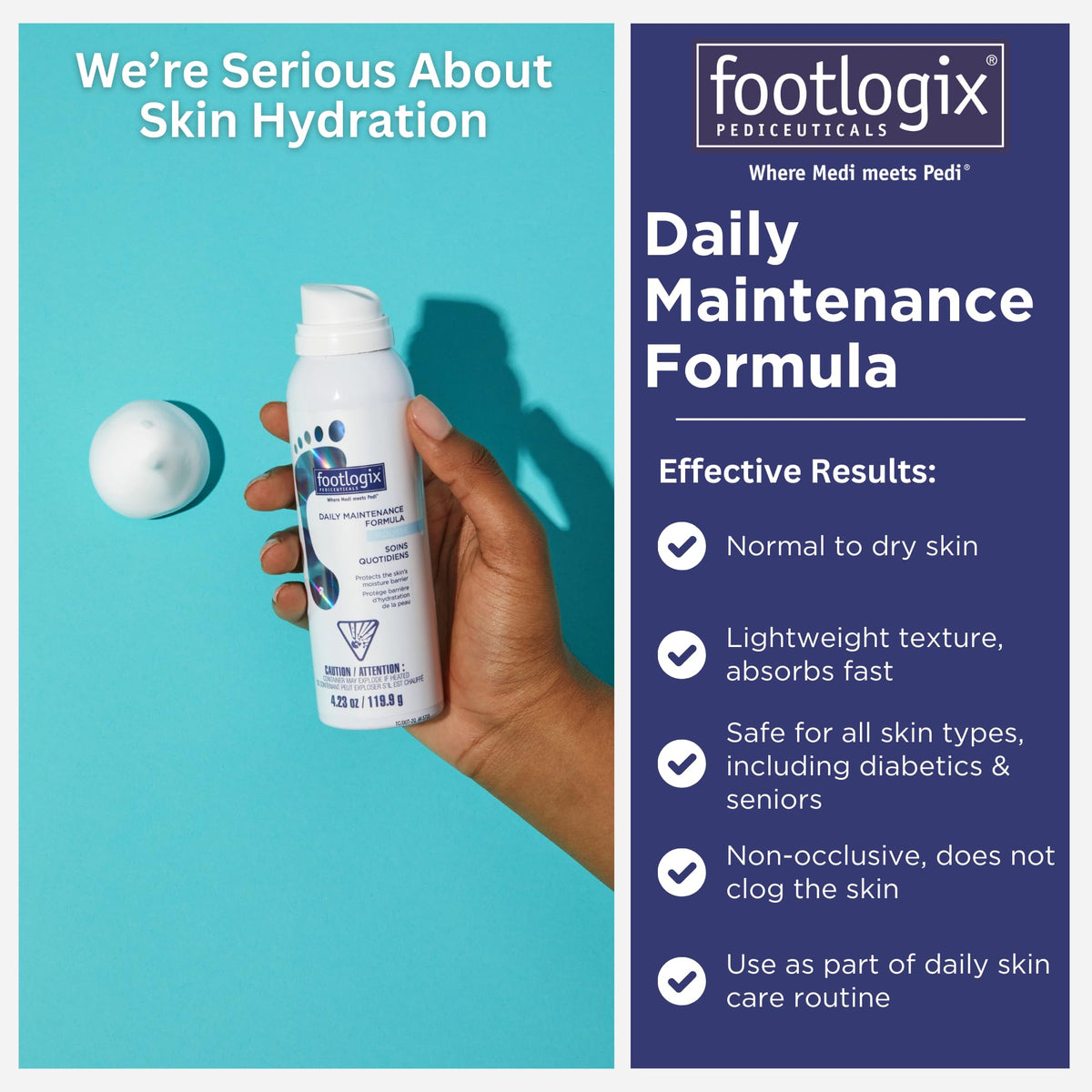 FOOTLOGIX size comparison beside hand showing compact 4.23 oz bottle