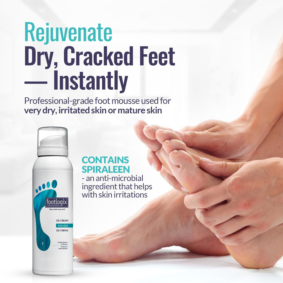 Footlogix size comparison with hand showing compact 4.23 oz travel-friendly can