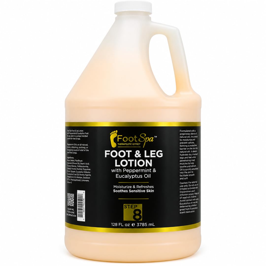 FootSpa front view of 128 oz gallon showing professional refill packaging and branding benefit