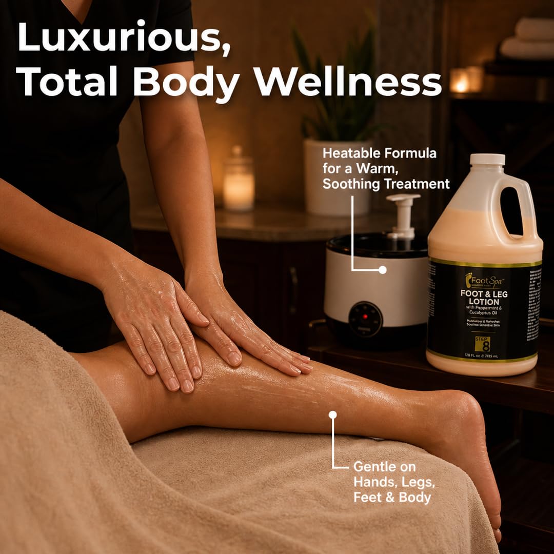 Foot technician applying FootSpa lotion to client's foot demonstrating softening and conditioning benefit
