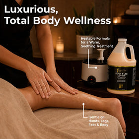 Foot technician applying FootSpa lotion to client's foot demonstrating softening and conditioning benefit