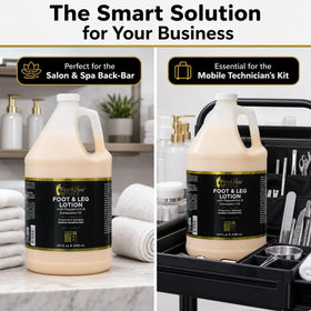 FootSpa gallon on salon counter with tools showing professional supply readiness benefit
