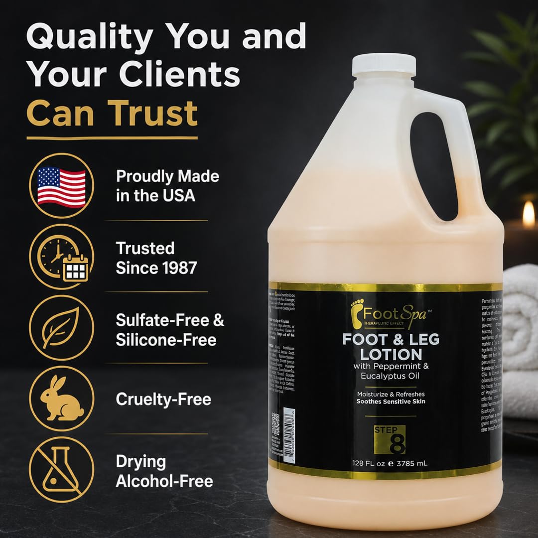 128 oz FootSpa gallon beside a hand for scale showing bulk refill convenience benefit