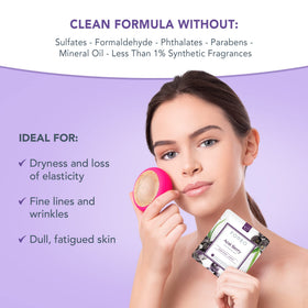 FOREO open sachet with visible nutrient-rich essence, highlights potent hydration