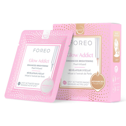 FOREO front packaging of Glow Addict 2.0 showing six sachets and benefits
