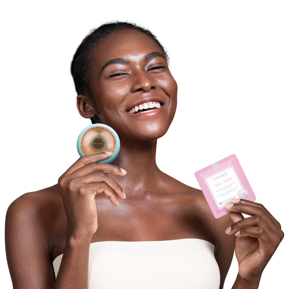 FOREO Glow Addict mask in UFO device demonstrating LED warming and boosted delivery