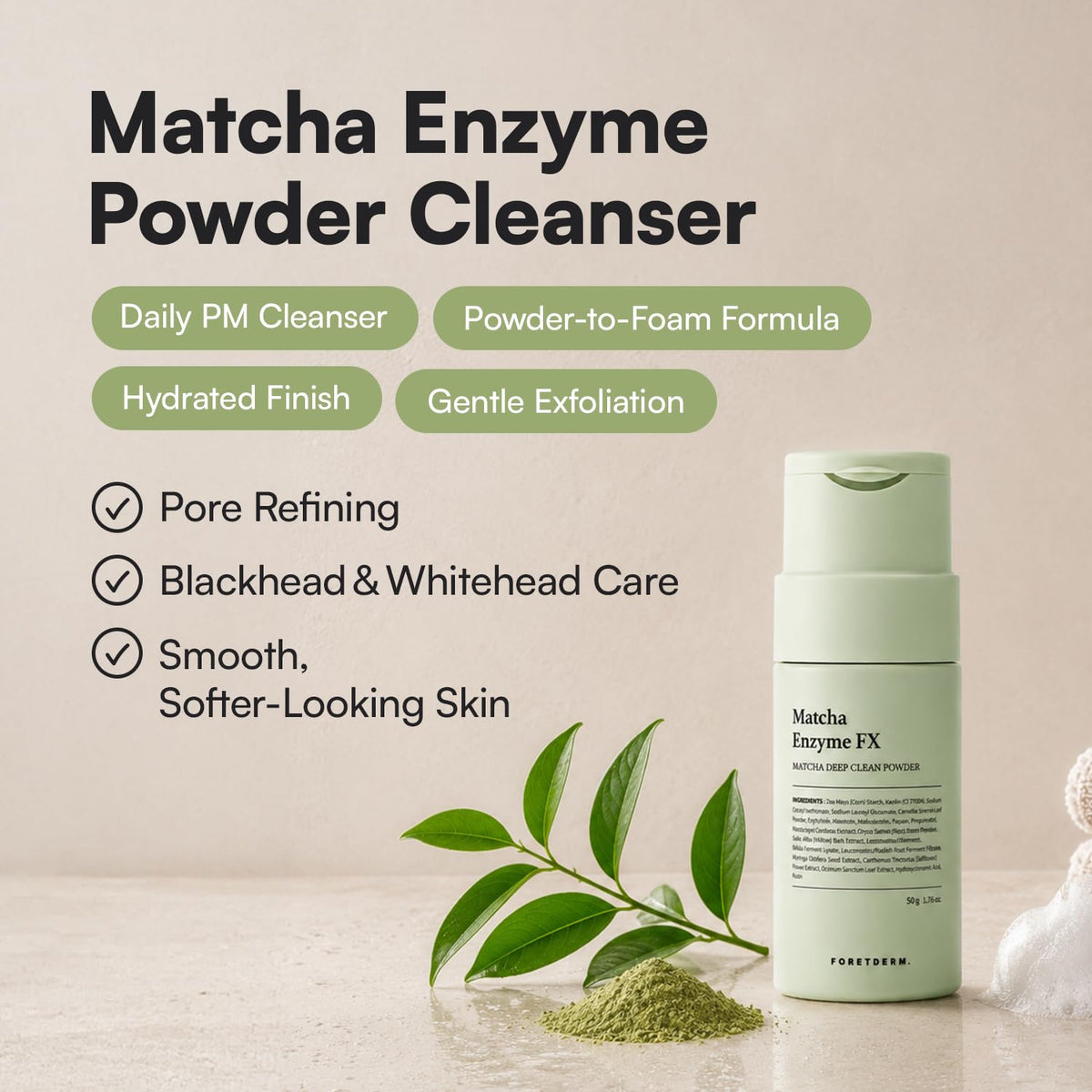 FORETDERM close-up powder texture highlighting fine consistency