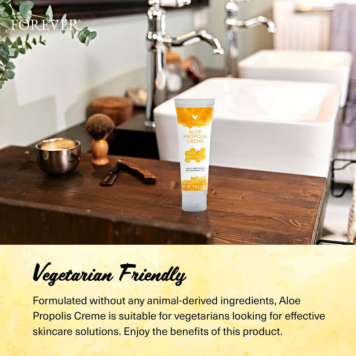 Forever Living tub on bathroom vanity showing daily routine convenience benefit