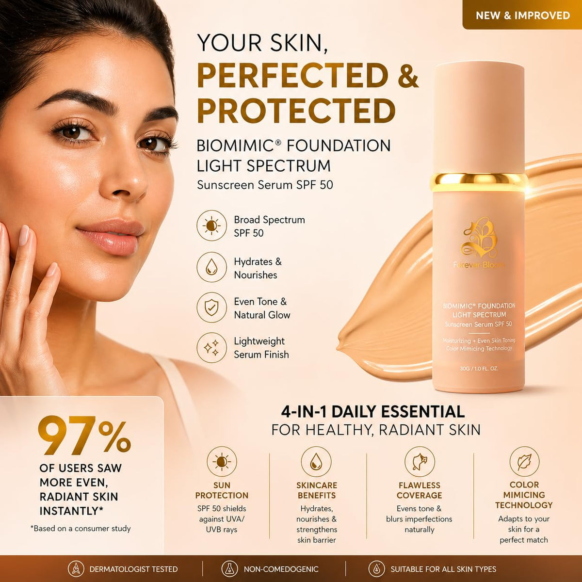 Forever Bloom before and after showing blurred pores and smoother skin benefit