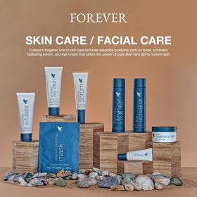 Forever Living Aloe Activator on bathroom vanity illustrating daily skincare use