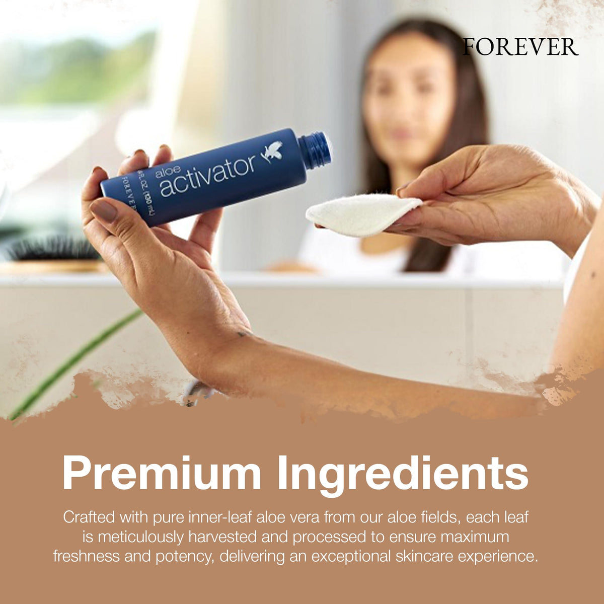 Forever Living Aloe Activator next to measuring object showing 4.4 fl oz size