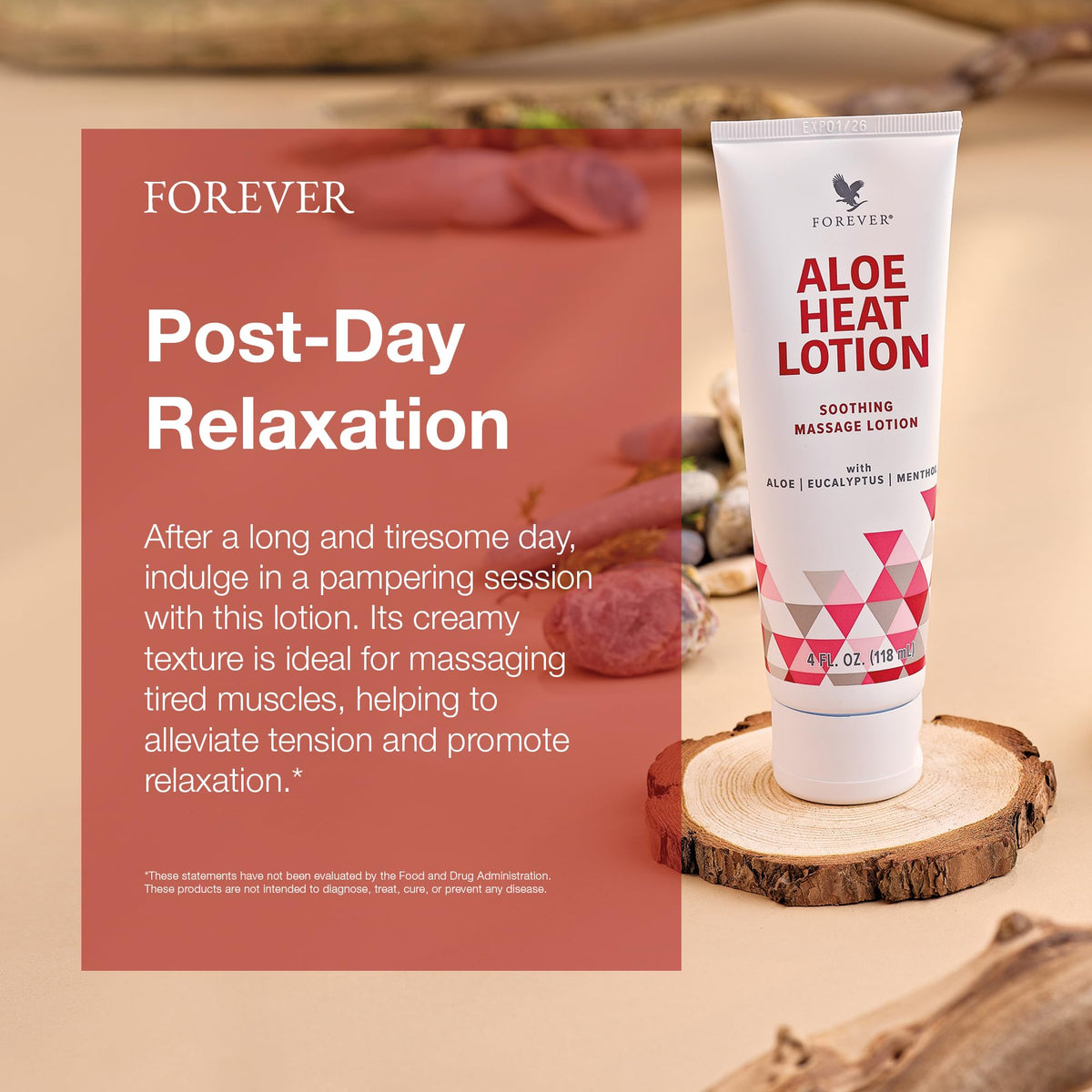 Forever Living pouring lotion on hand illustrating easy massage application and soothing effect