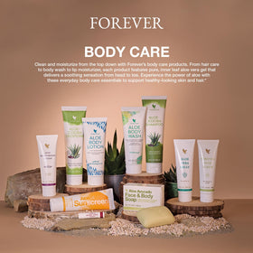 Forever Living bottle staged in a bathroom setting showing everyday use and attractive fragrance