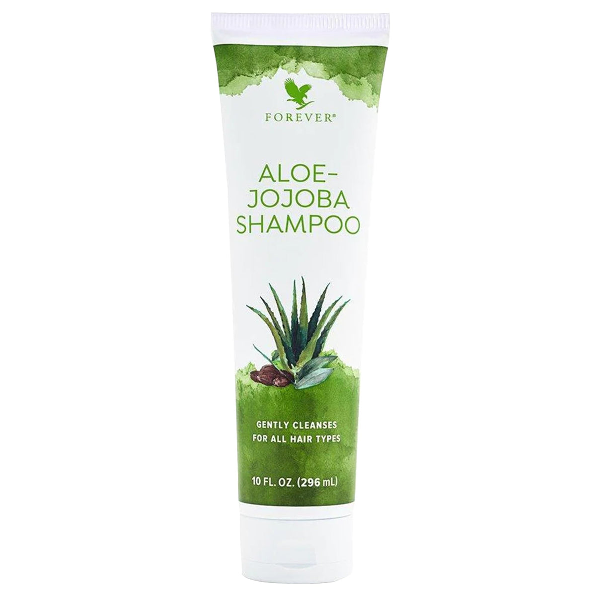 Forever Living Aloe-Jojoba Shampoo front packaging showing product and tropical scent benefit