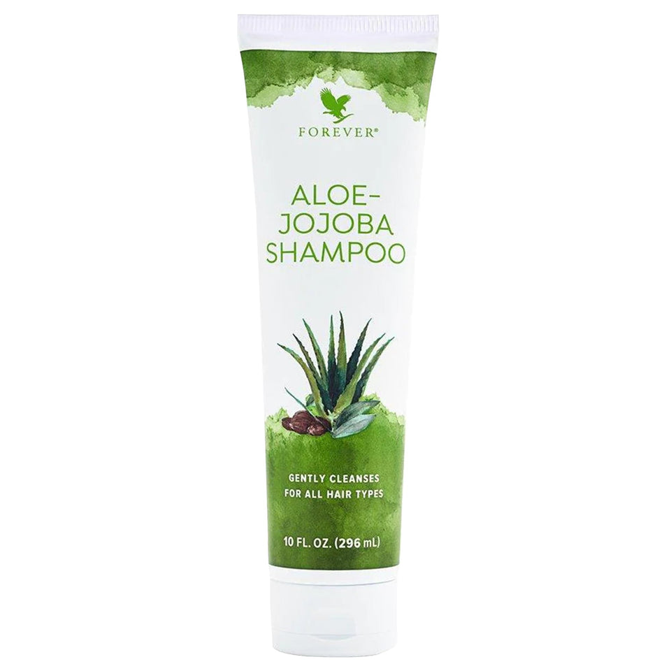 Forever Living Aloe-Jojoba Shampoo front packaging showing product and tropical scent benefit