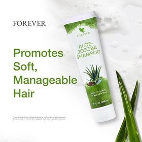 Forever Living shampoo pouring into hand demonstrating silky consistency and gentle conditioning