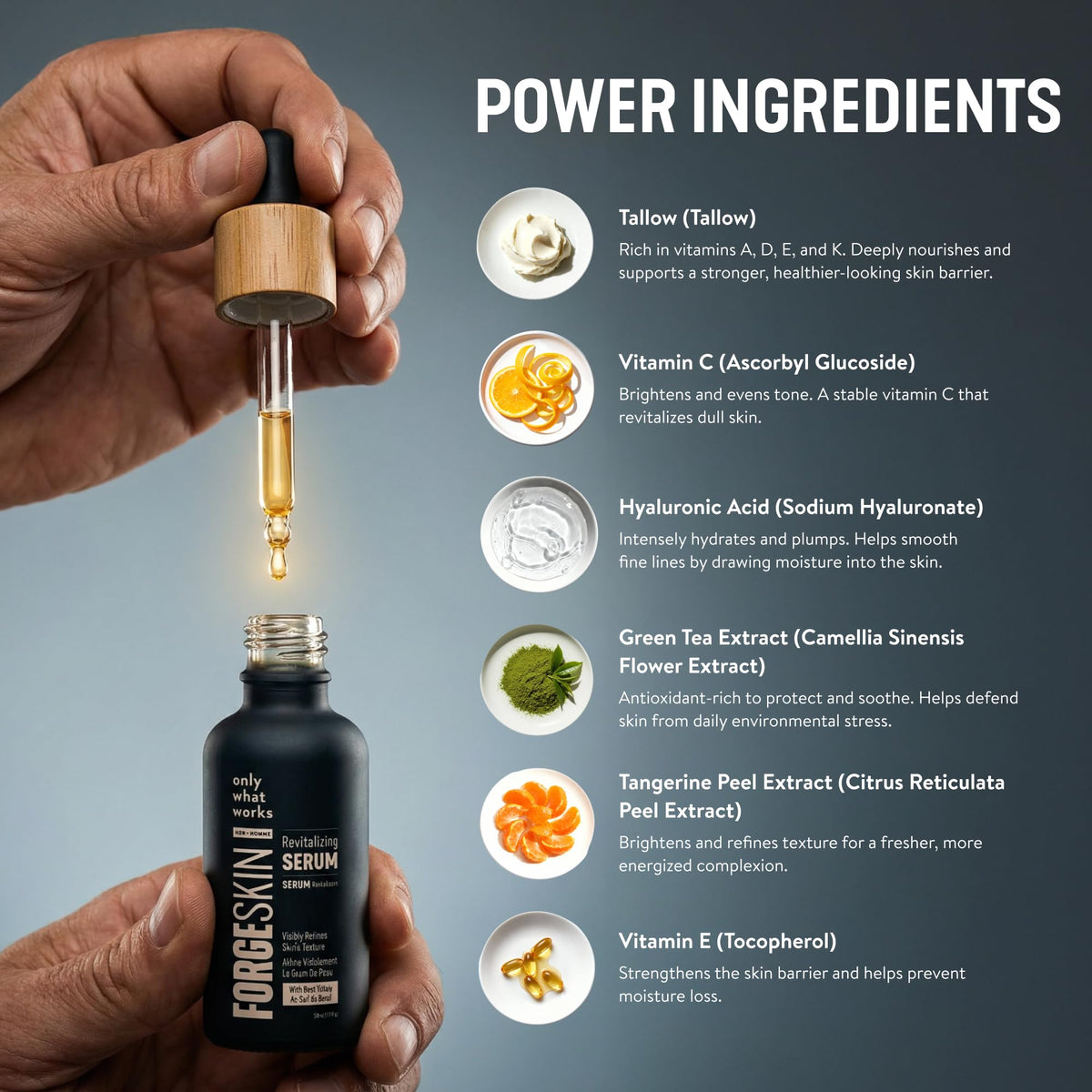 Forge Skin dropper dispensing serum onto fingertip for precise nighttime dosing