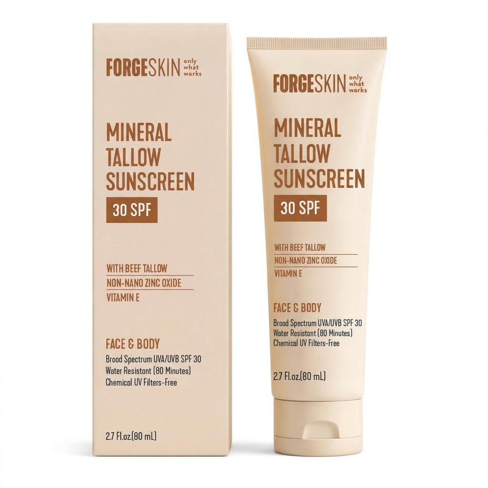 Forge Skin front packaging showing sunscreen tin and branding benefit protection